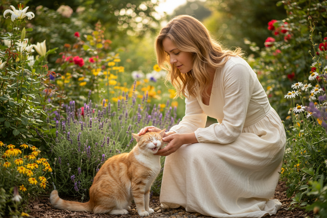 Woman comforting orange cat in flower garden