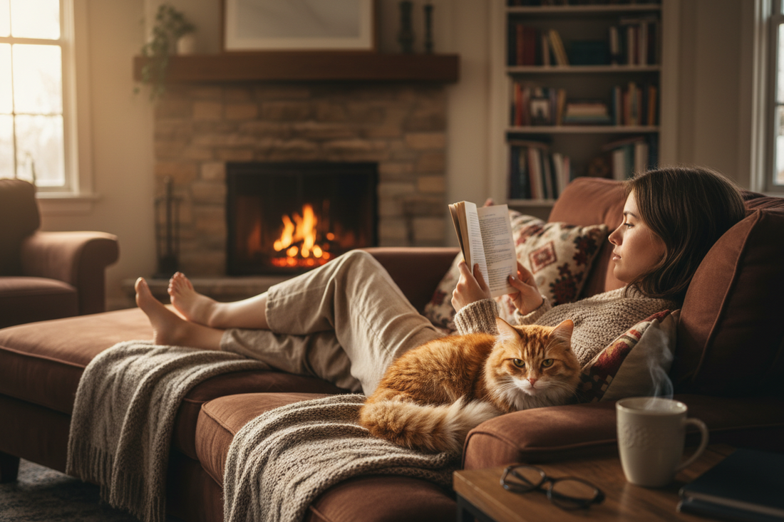 Cat sitting with owner on sofa in living room