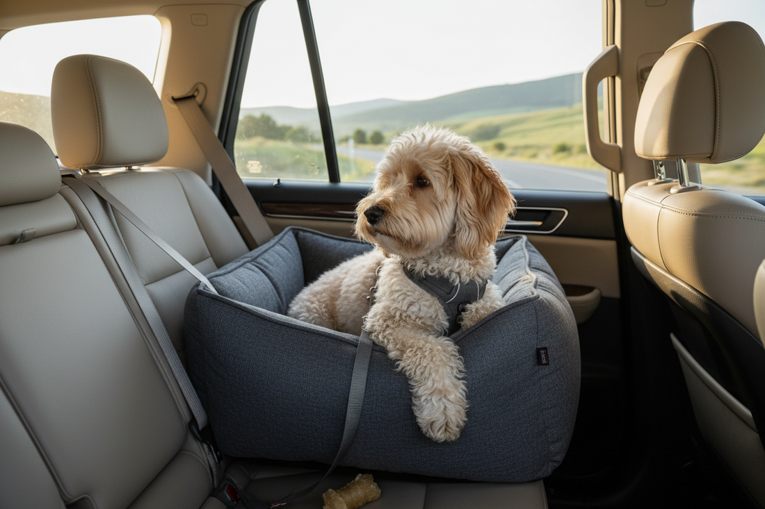 Kleiner Hund sitzt in grauem Hundesitz im Autositz