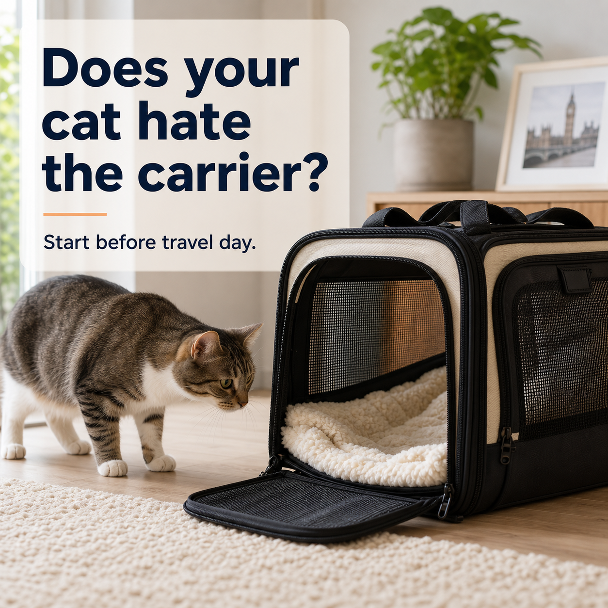 Cat beside open carrier with Does your cat hate the carrier text