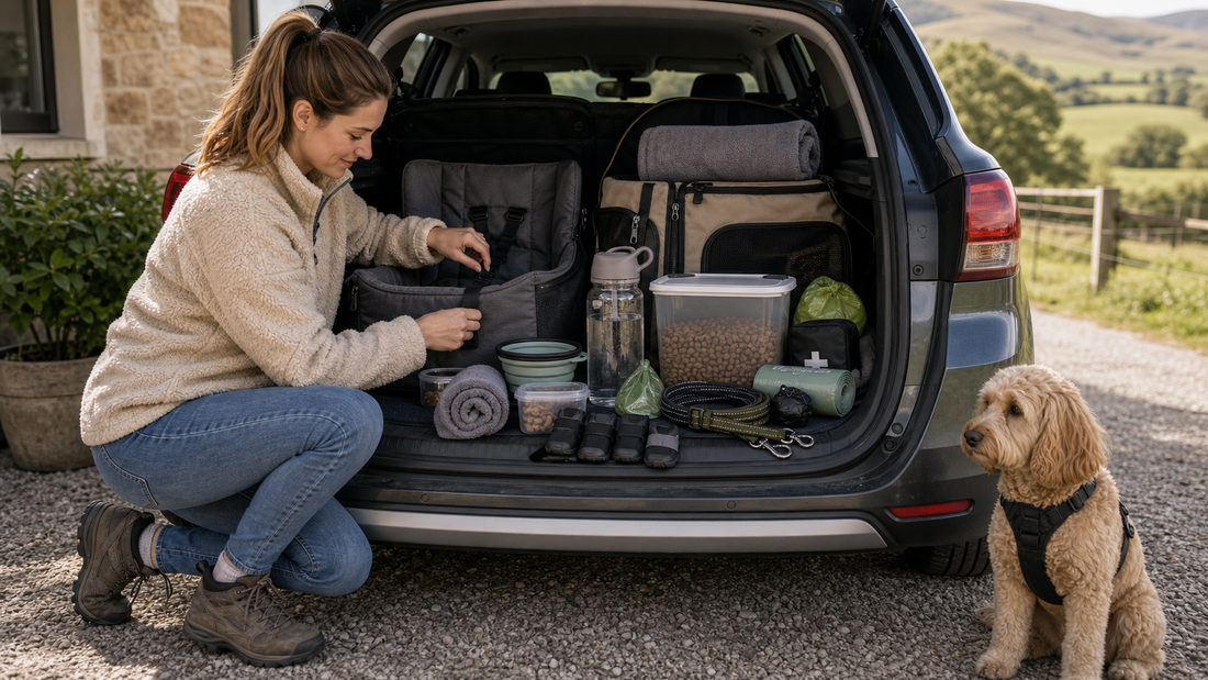 Dog road trip supplies organised in a car boot