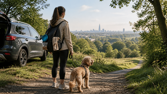 Owner and dog preparing for a dog-friendly hike near London with leash water bowl towel and travel bag