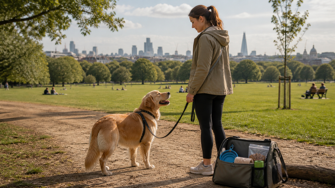 Owner walking a dog in a London park with leash water bowl towel and travel bag