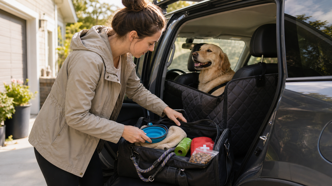 Dog road trip checklist with pet car seat leash water bowl towel first aid kit and travel bag packed in a car