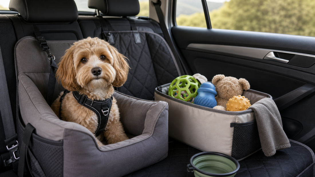 Small dog in a car seat with safe durable travel toys packed nearby