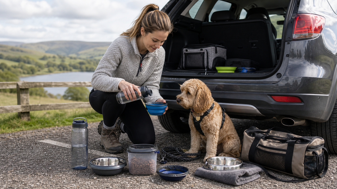 Dog travel water bottle and food bowl setup beside a car