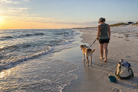 Owner walking a leashed dog at a designated Pensacola Beach dog beach