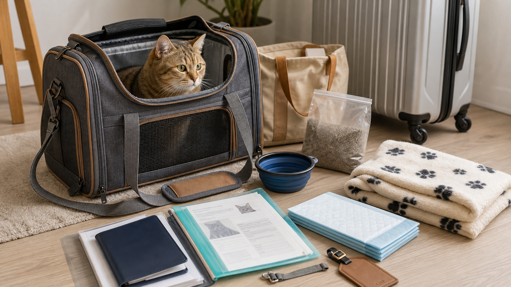 Cat in airline carrier with travel documents and packing items for France trip