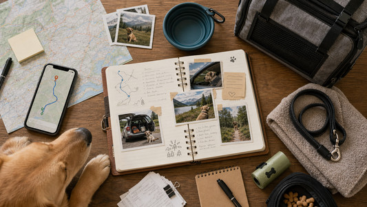 Pet travel journal with map dog photo leash water bowl and travel checklist