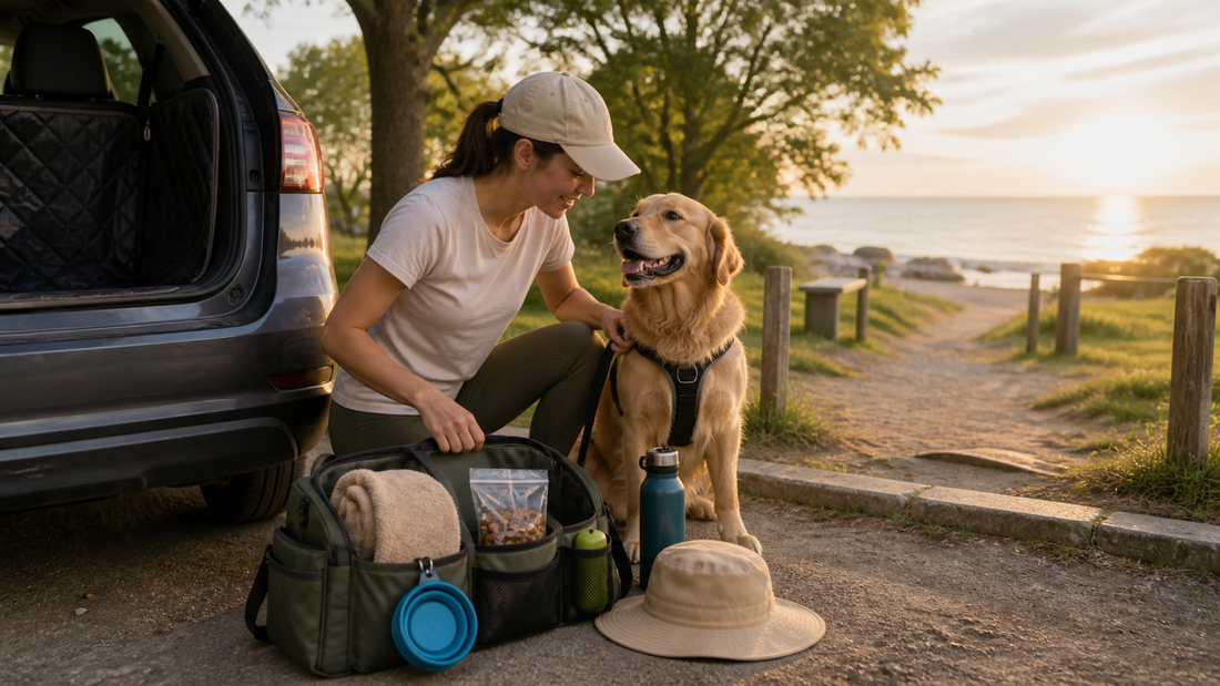 Owner preparing summer outdoor gear for a dog with leash water bowl towel travel bag and car nearby