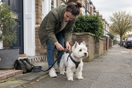 Westie and owner getting ready for a calm morning walk outside their home