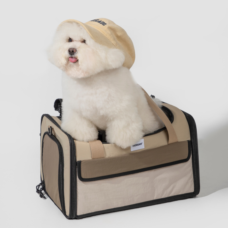 White dog sitting in beige airline approved foldable pet carrier