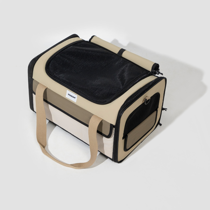 Beige airline approved foldable pet carrier with black mesh top view