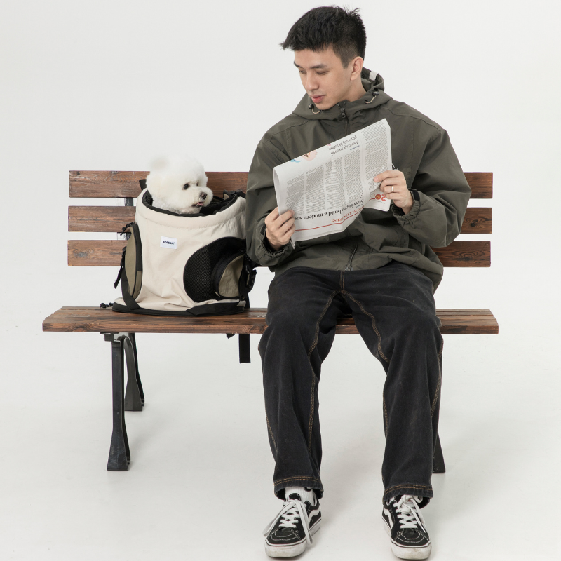 White cat in cream carrier backpack beside man reading newspaper