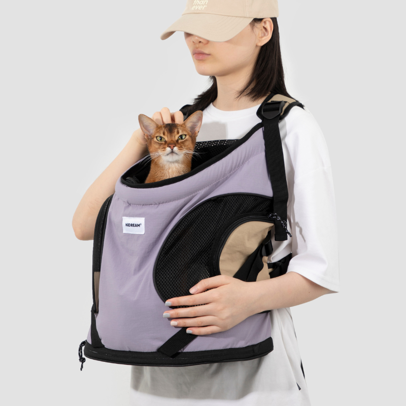 Cat in lavender front-facing carrier backpack worn by woman