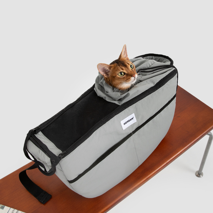 Cat inside gray outdoor pet tote shoulder bag on bench