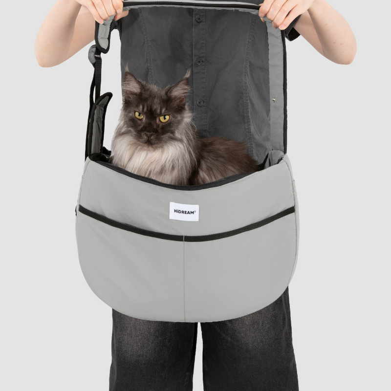 Owner holding black cat in gray outdoor pet tote shoulder bag