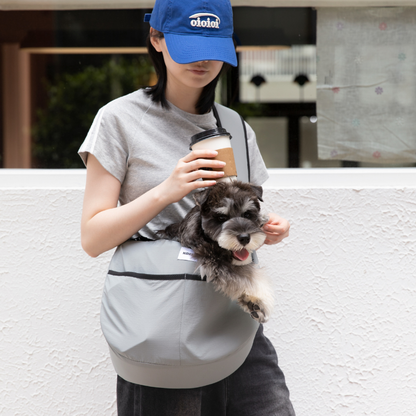 Owner carrying gray outdoor pet tote shoulder bag with small dog peeking