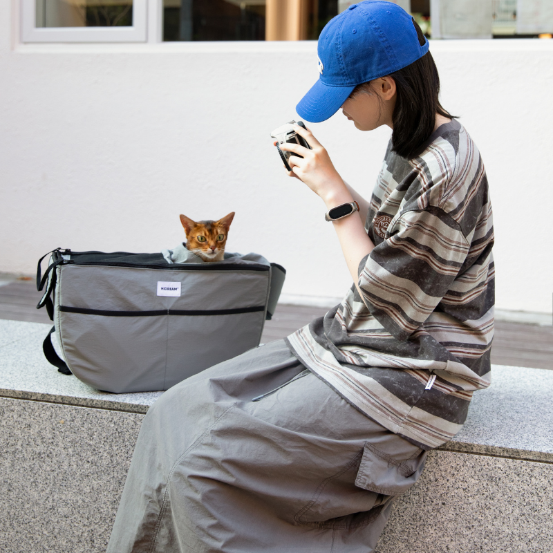 Owner seated beside gray outdoor pet tote shoulder bag with cat inside