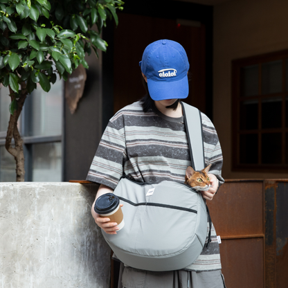 Owner carrying gray outdoor pet tote shoulder bag with dog inside