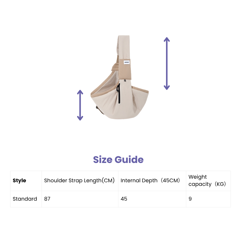 Beige baby carrier with size guide measurements on a white background