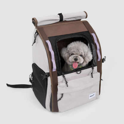 Gray dog peeking from white ergonomic anti-sag pet backpack front window