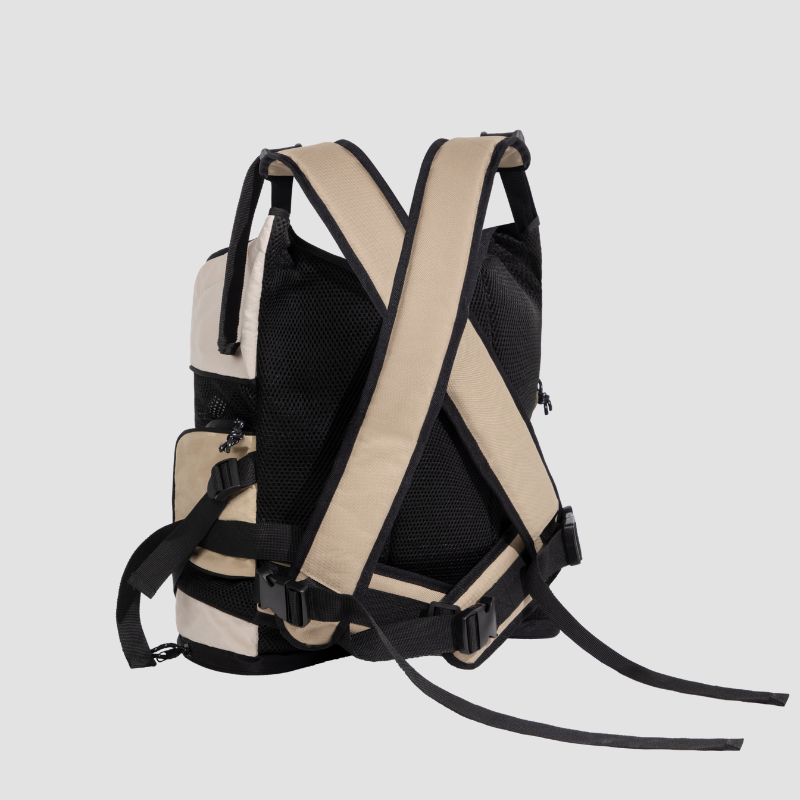 Back view of cream front-facing cat carrier backpack with shoulder straps