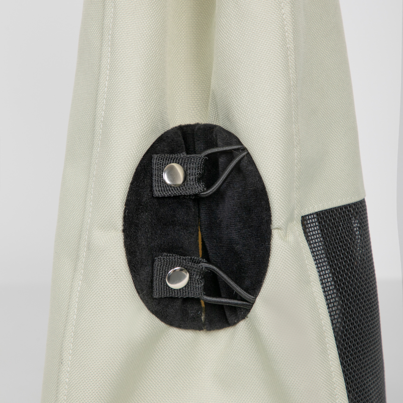 Black mesh side opening with snap tabs on canvas pet carrier tote