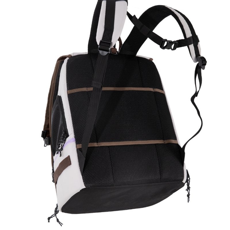 Back view of black and white ergonomic anti-sag pet backpack with straps