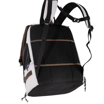 Back view of black and white ergonomic anti-sag pet backpack with straps