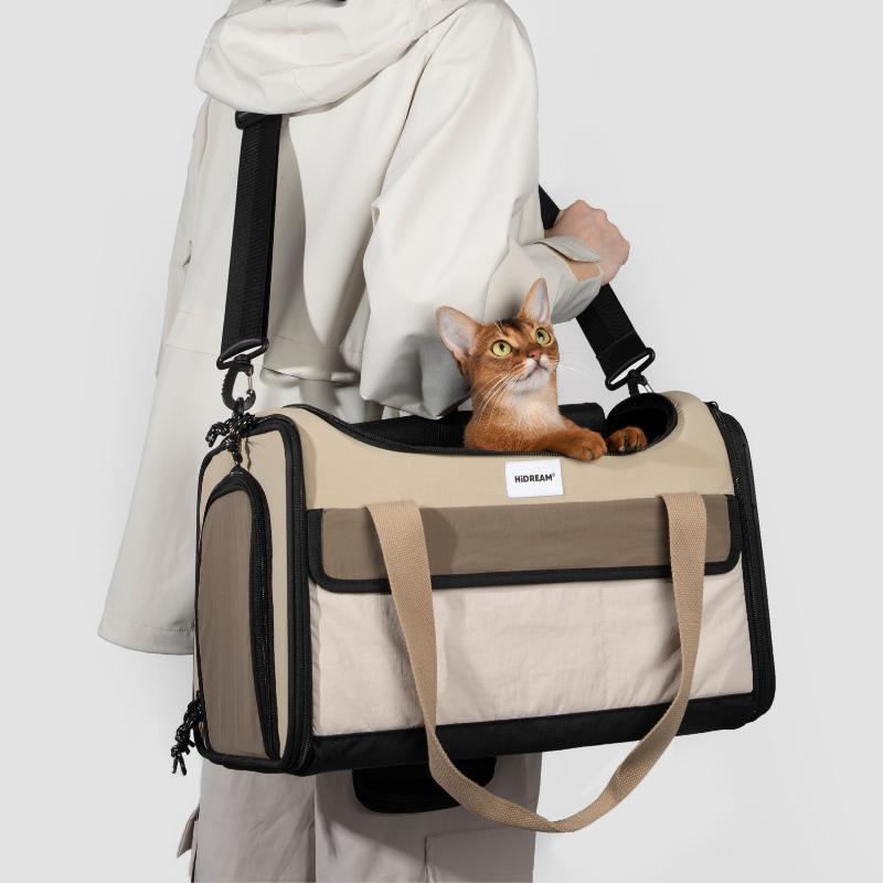 Cat resting in beige airline approved foldable pet carrier worn on shoulder