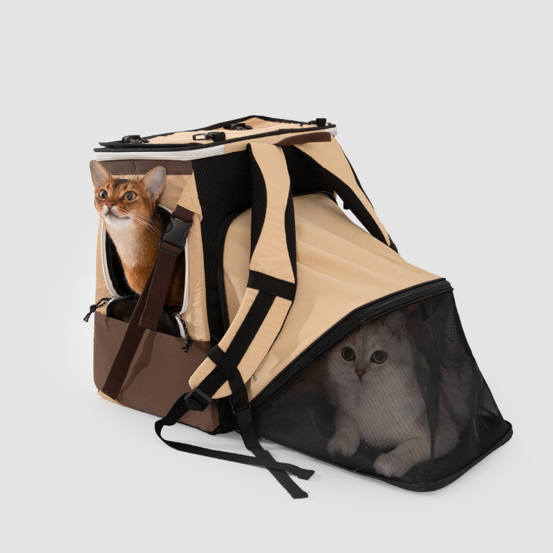 Beiger Haustier-Rucksackträger mit orangefarbener Katze vorne und grauer Katze im erweiterten Zelt