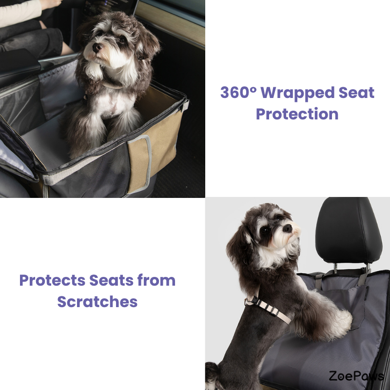 2-in-1 pet car seat feature graphic showing wrapped seat protection