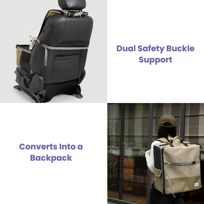 2-in-1 pet car seat feature graphic showing backpack conversion and safety buckle