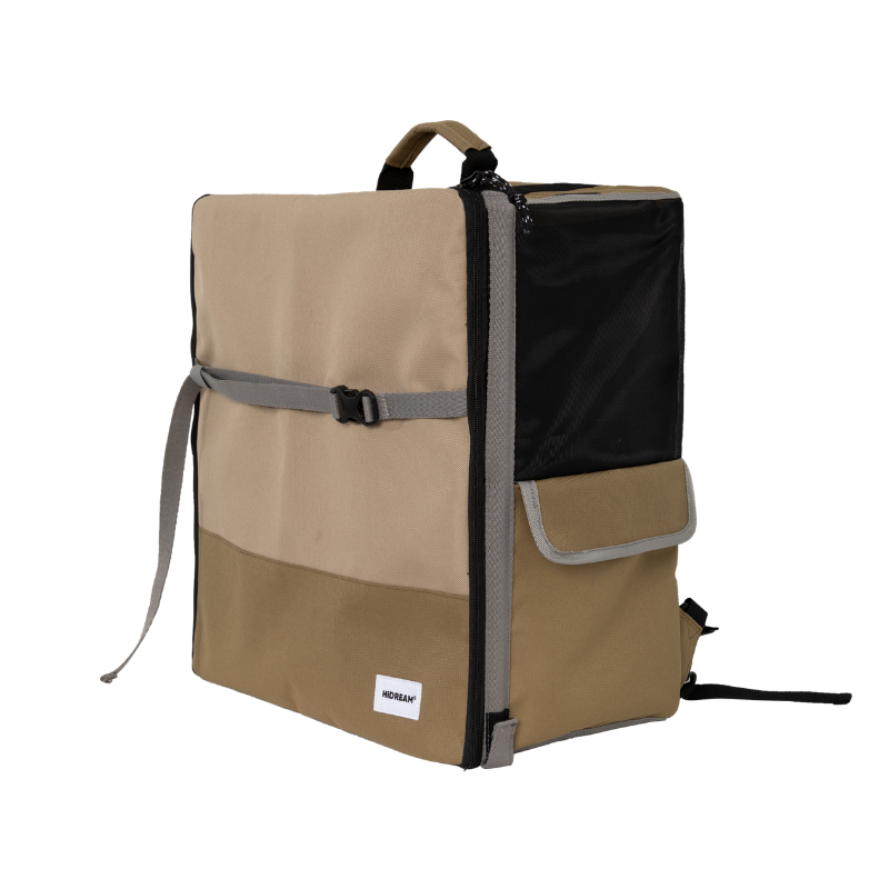 Folded beige 2-in-1 pet car seat carrier rear view with black panel
