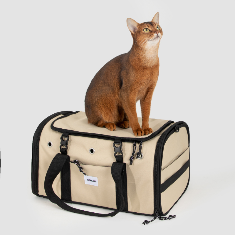 Beige Toast-Stil Haustier-Tragetasche für Flugreisen mit sitzender orangefarbener Katze oben drauf