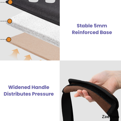 Baguette-style pet shoulder carrier feature graphic showing reinforced base