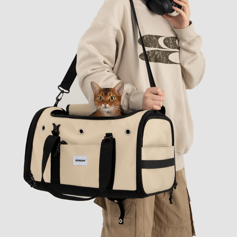 Beiger toast-farbener Fluggast-Haustiertransporter vom Besitzer getragen, mit orangefarbener Katze darin