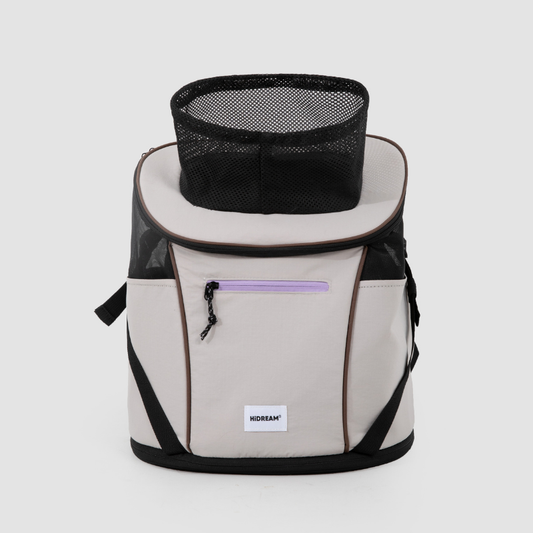 Light gray front pet backpack with top mesh opening and black pet inside