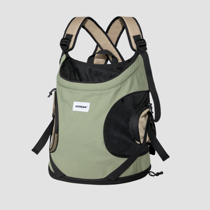 Sage green front-facing cat carrier backpack with black mesh side panels