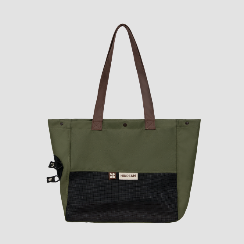 Olive breathable canvas pet carrier tote with black mesh pocket