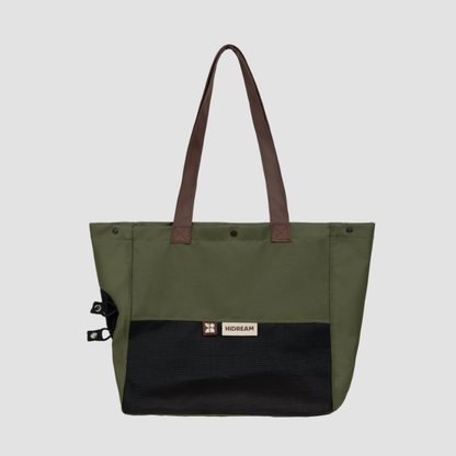 Olive breathable canvas pet carrier tote with black mesh pocket