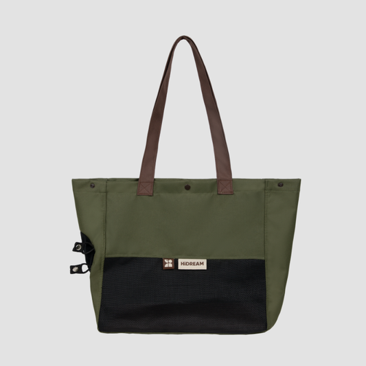 Olive breathable canvas pet carrier tote with black mesh pocket