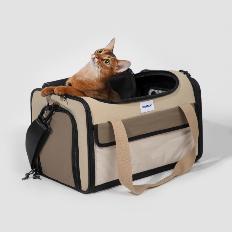 Cat lounging in beige airline approved foldable pet carrier