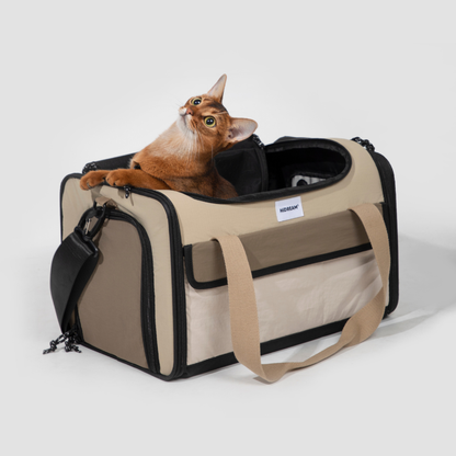 Cat lounging in beige airline approved foldable pet carrier