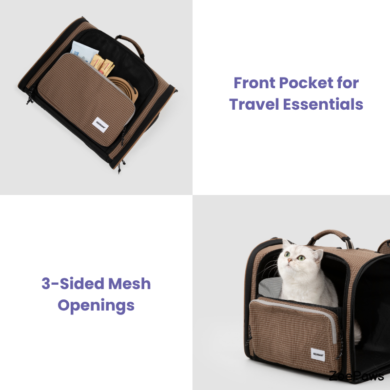 Plaid pet travel backpack carrier feature graphic showing pockets and mesh
