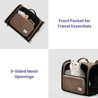 Plaid pet travel backpack carrier feature graphic showing pockets and mesh