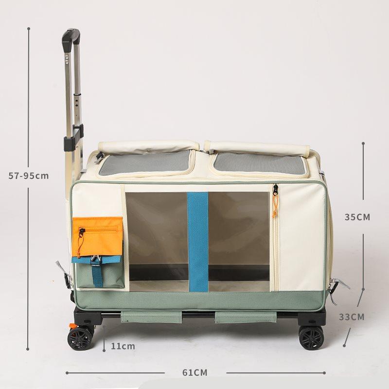 Seitliches Maßdiagramm des rollbaren Katzenkäfigs mit ausgeklapptem Griff