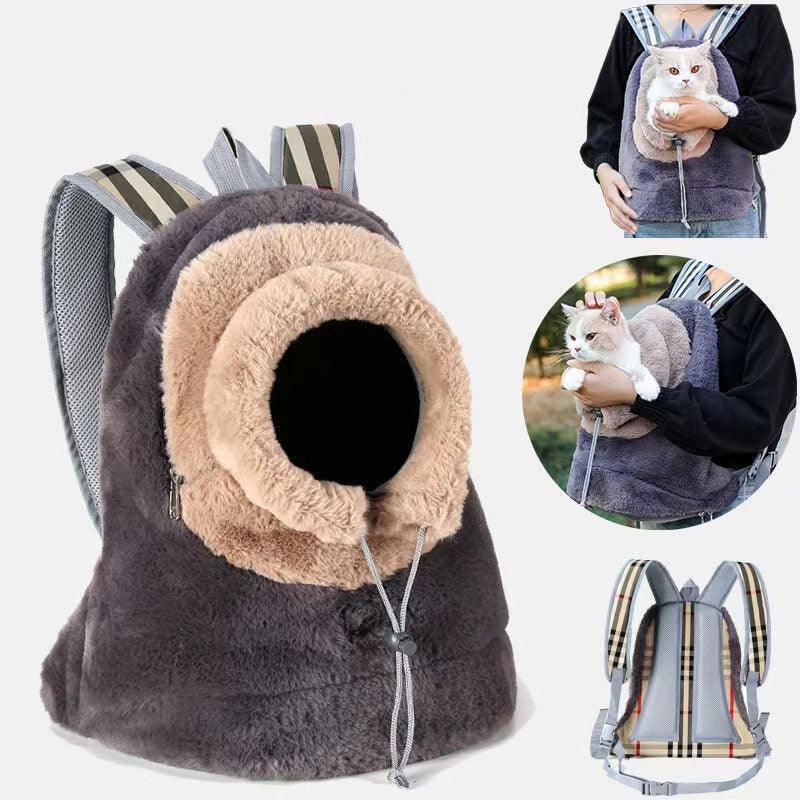 Plauschfutterierter brauner Front-Katzenträgersack mit Tragebeispielen