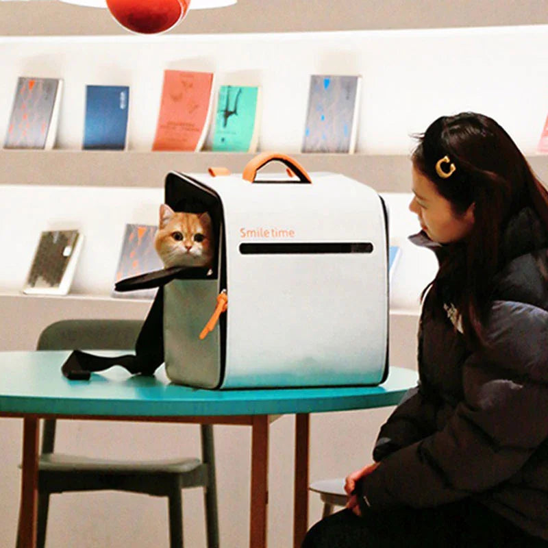 Katze schaut aus der Seitenöffnung des weißen Smiletime Tragerucksacks auf einem Tisch